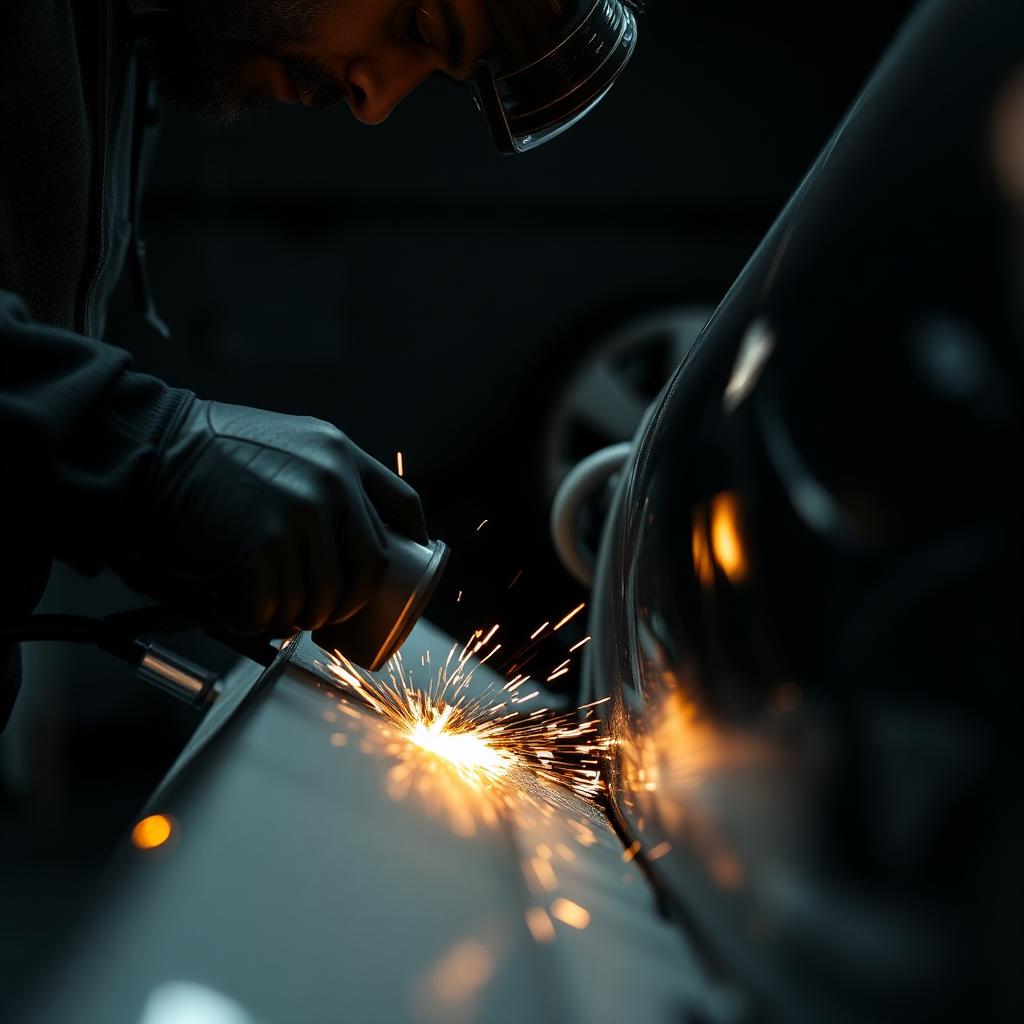Technician sanding car panel
